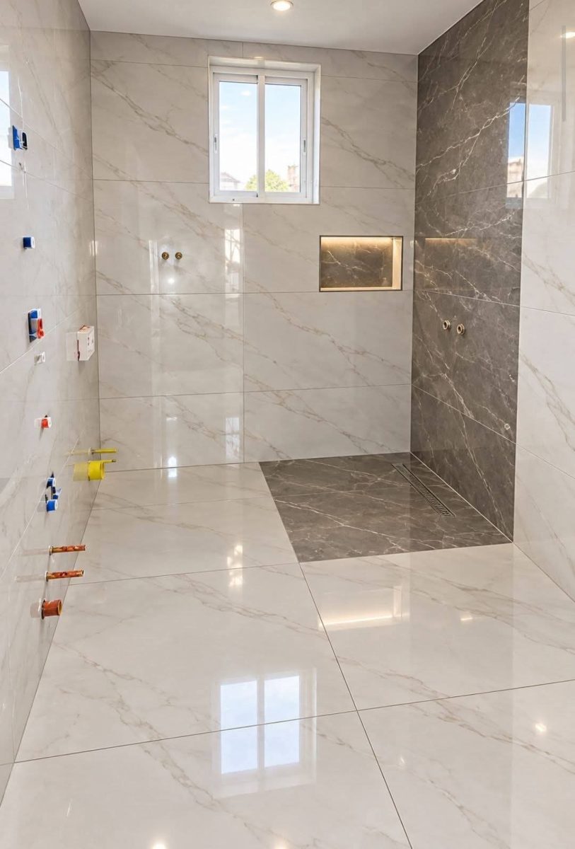 Salle de bain effet marbre blanc et gris à niche