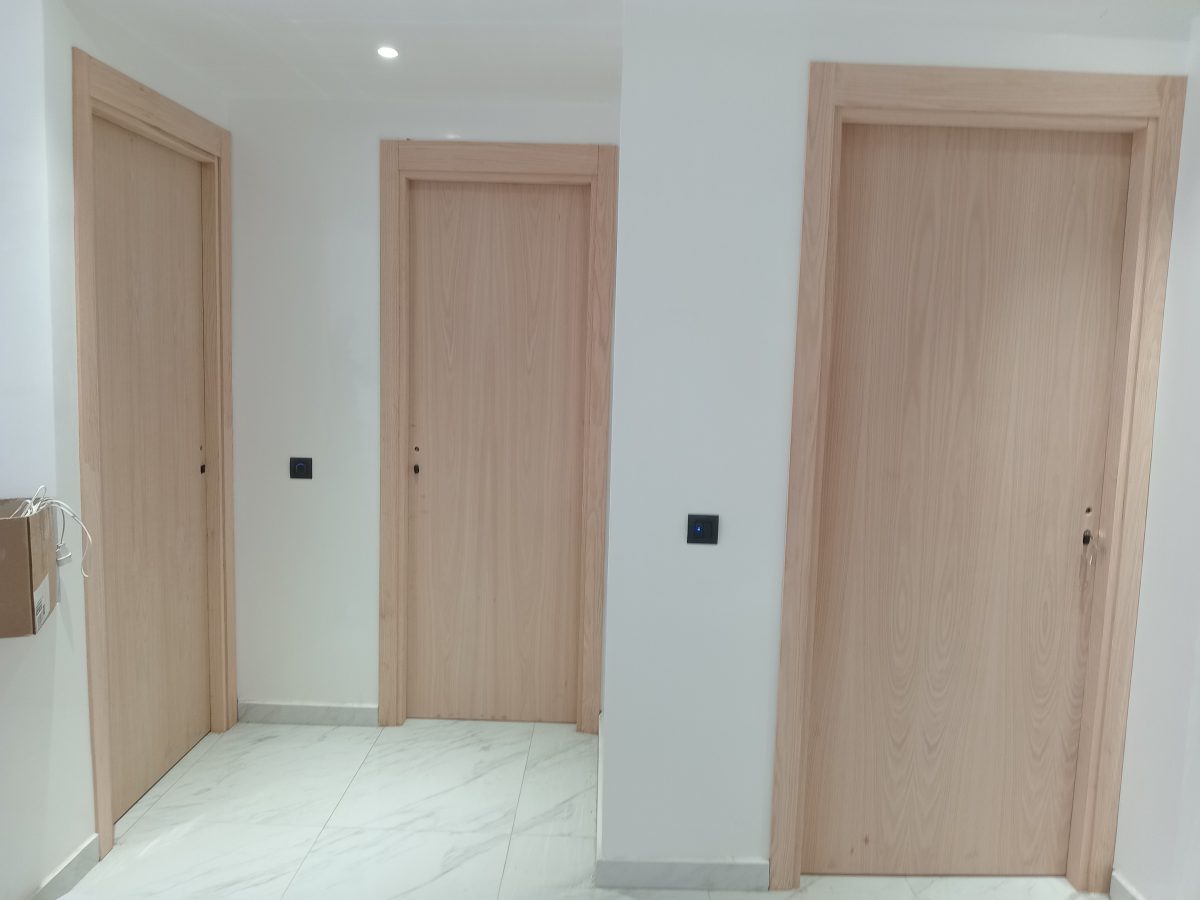 Couloir à trois portes en bois clair