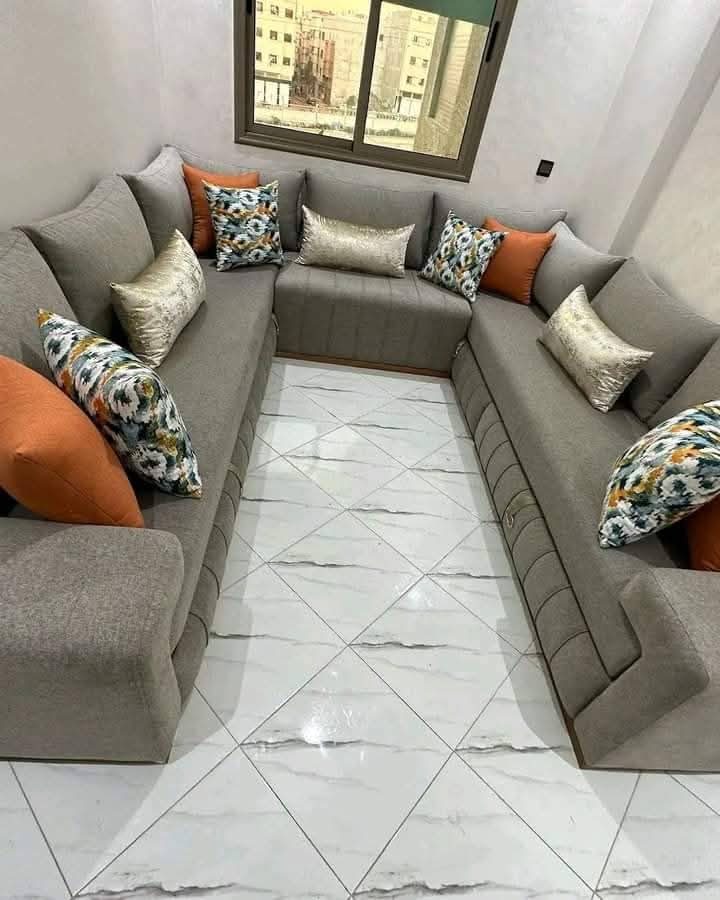 Salon marocain en U en velours gris à gigognes