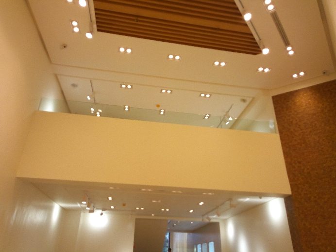 Hall à double hauteur à faux plafond et mezzanine