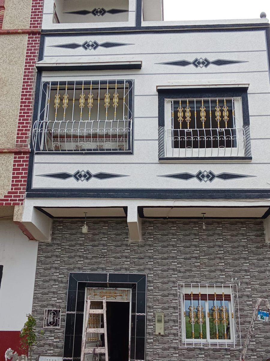 Façade bicolore blanc et gris à motifs losange