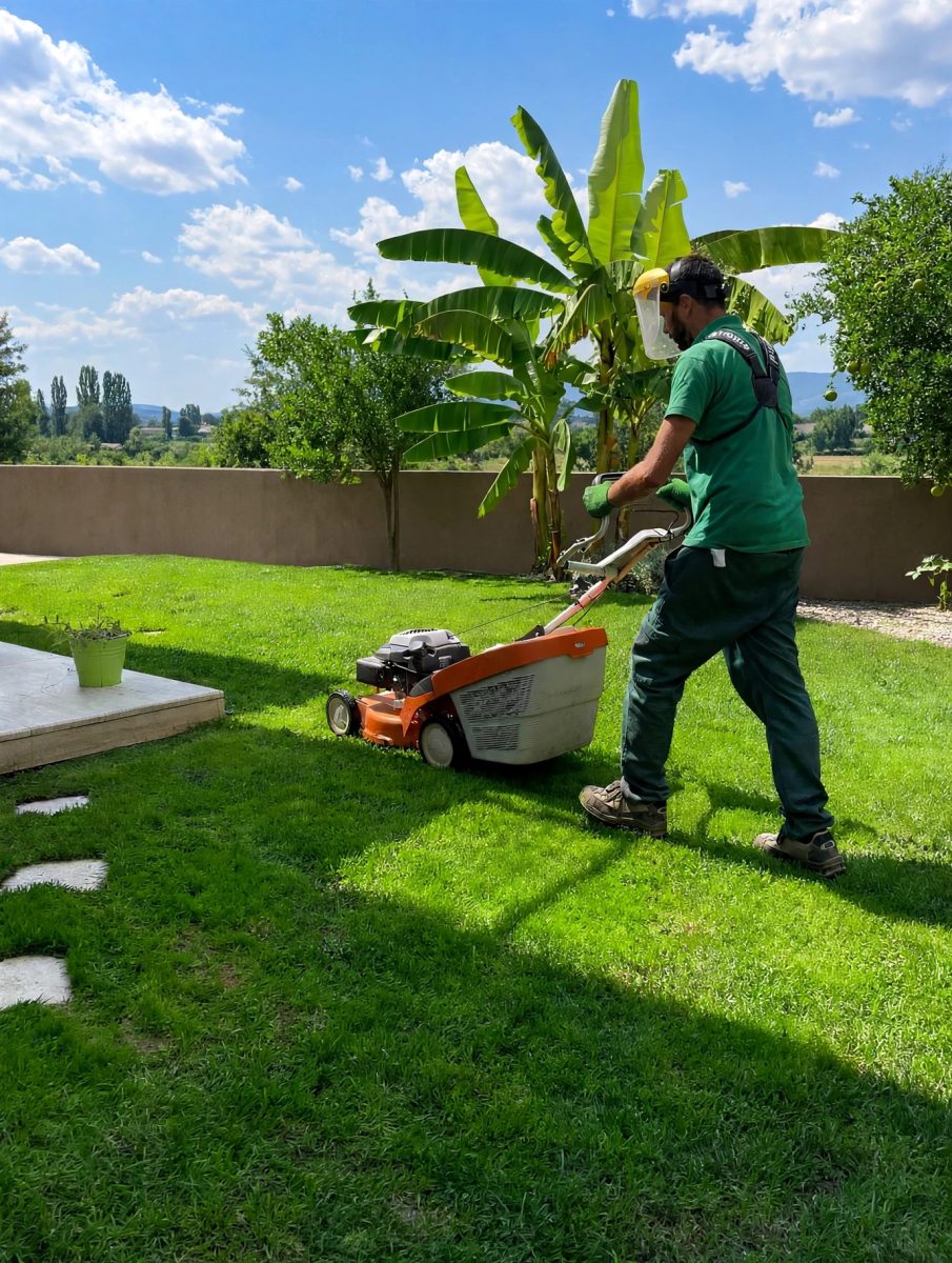 Tonte d'une pelouse dans un jardin