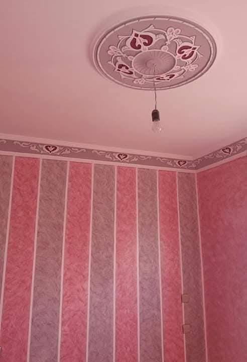Plafond rose à rosace et murs rayés