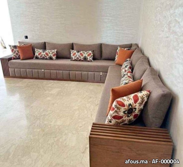 Grand sedari d'angle tapissé gris-taupe à accoudoirs bois