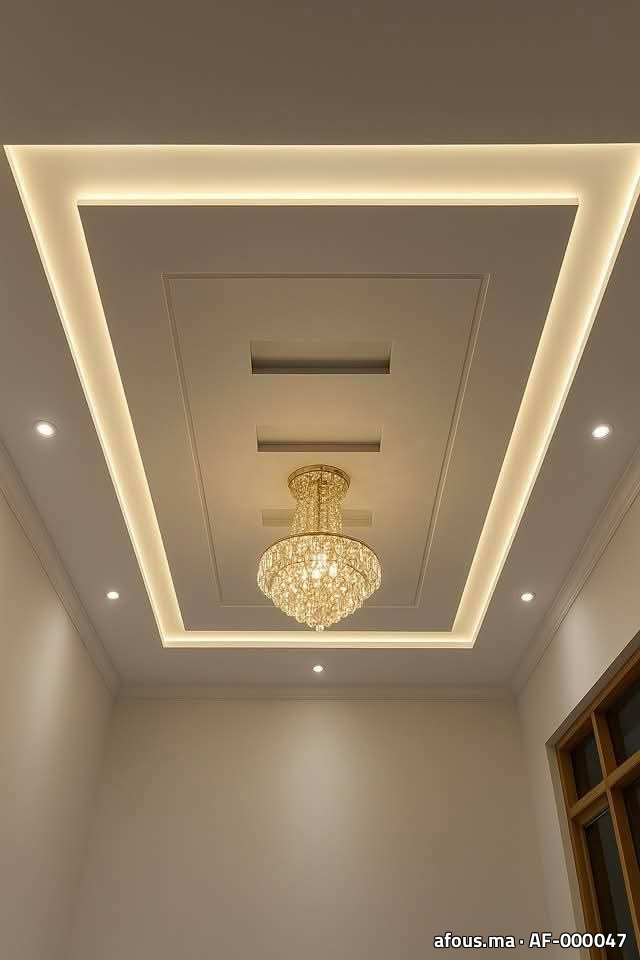 Faux plafond en plâtre à cadre lumineux LED et lustre en cristal — Témara