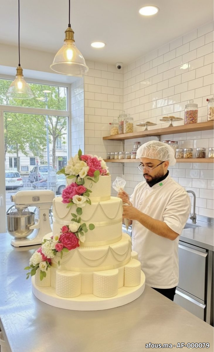 Pâtissier posant des fleurs sur une pièce montée blanche — Casablanca