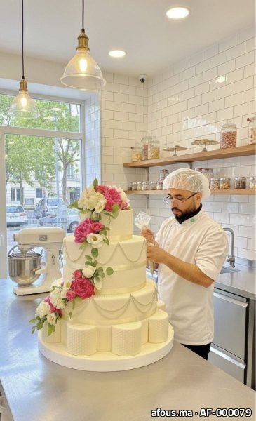 Pâtissier posant des fleurs sur une pièce montée blanche — Casablanca