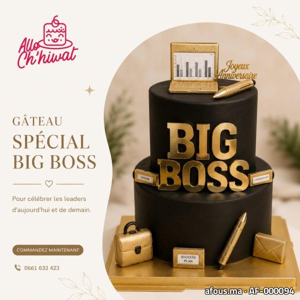 Gâteau d'anniversaire noir et or sur le thème « Big Boss »