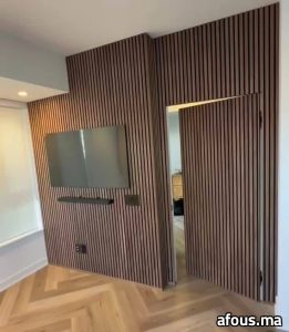 Mur en tasseaux de noyer à porte intégrée et parquet chevrons — Rabat