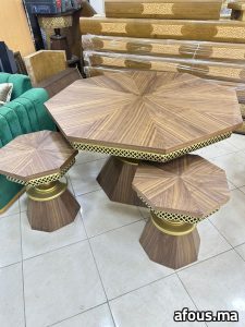 Tables basses octogonales en noyer à frise ajourée dorée — Agadir