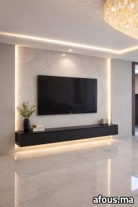 Meuble TV suspendu noir sur panneau effet marbre rétroéclairé — Aït Melloul