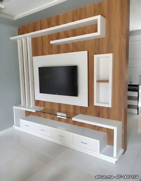 Meuble TV mural design en bois et laqué blanc