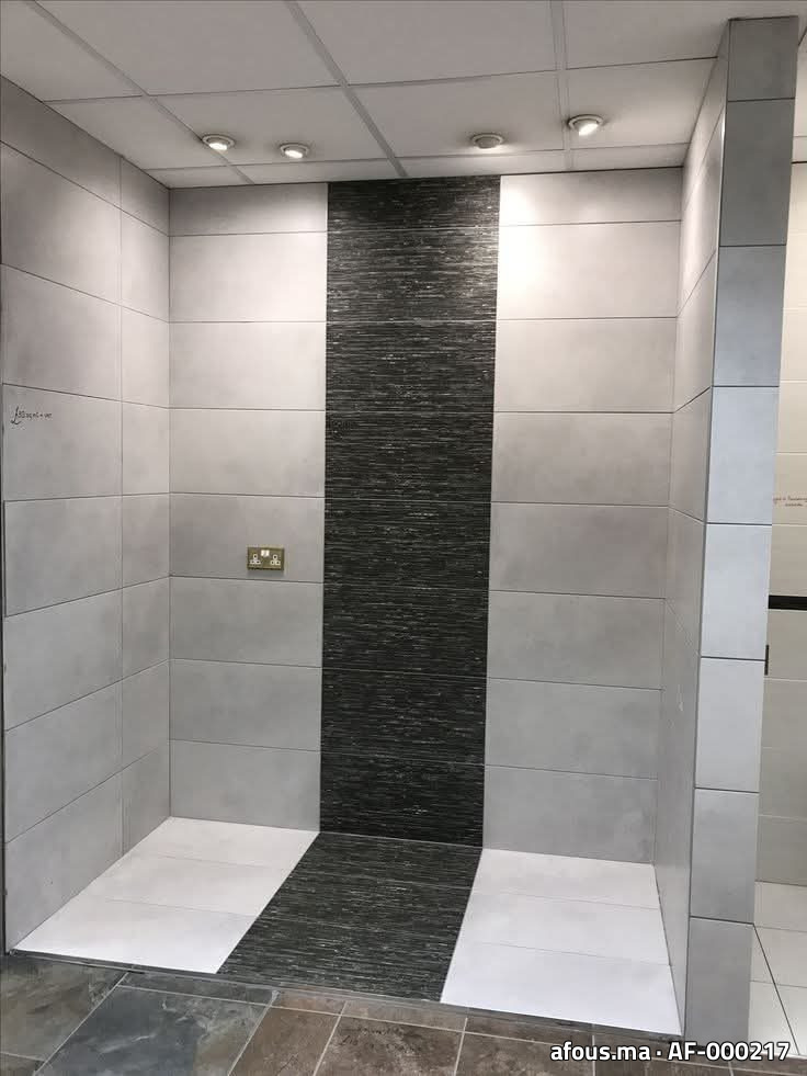Paroi de douche carrelée gris clair à bande mosaïque noire — Fès