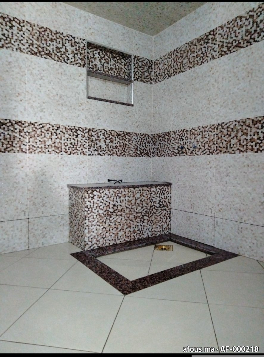 Hammam habillé de mosaïque beige et marron avec banquette — Fès