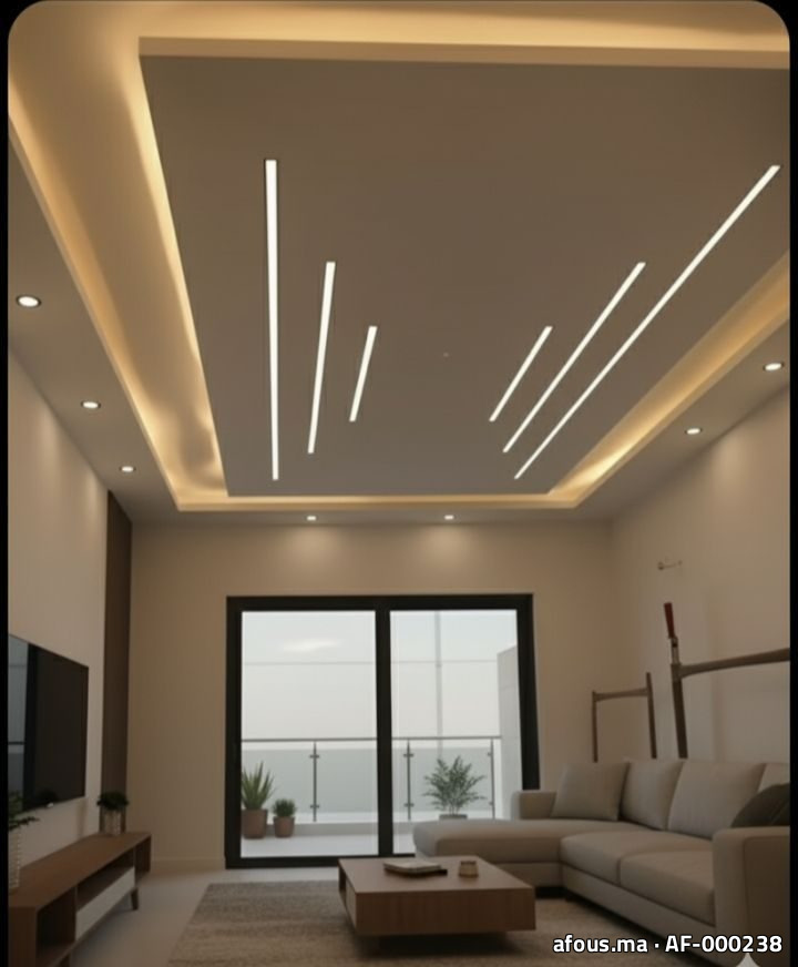 Salon avec faux plafond à gorge LED et lignes obliques — Rabat