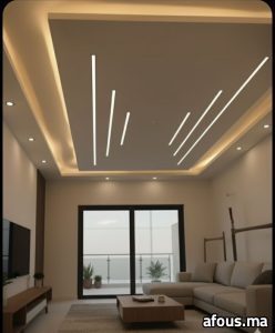 Salon avec faux plafond à gorge LED et lignes obliques — Rabat