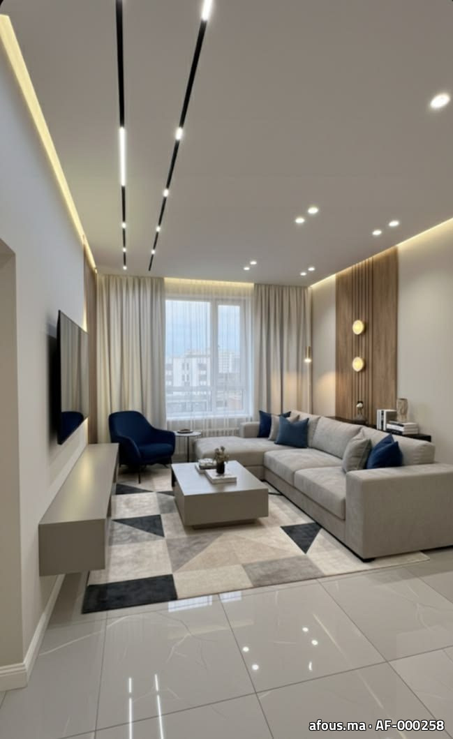 Séjour à faux plafond à réglettes LED linéaires et fauteuil bleu — Casablanca