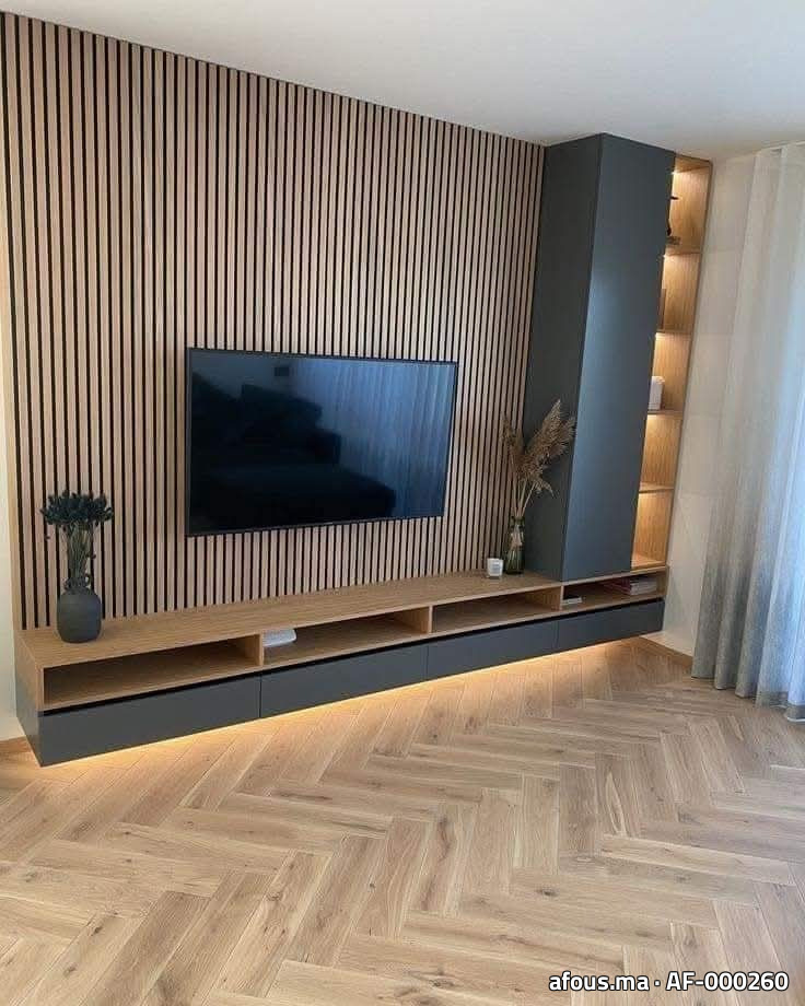 Meuble TV mural en tasseaux de bois — Casablanca