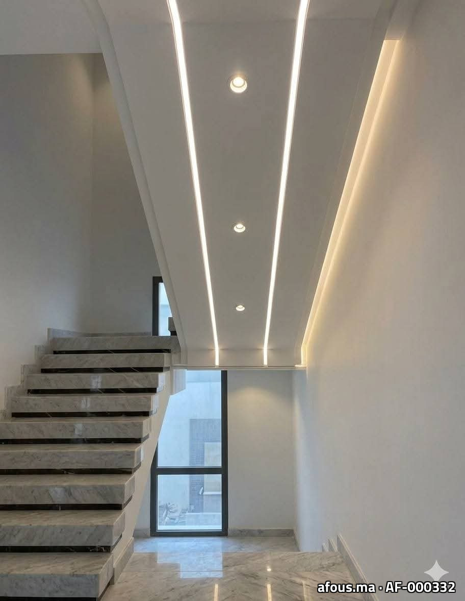Cage d'escalier à faux plafond lumineux et marbre — Dakhla