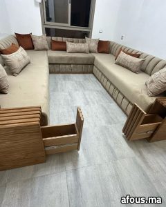 Salon marocain en U en velours beige à coffres — Settat