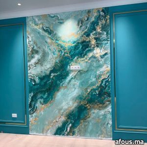 Mur d'accent effet marbre bleu et or à lambris — Oujda