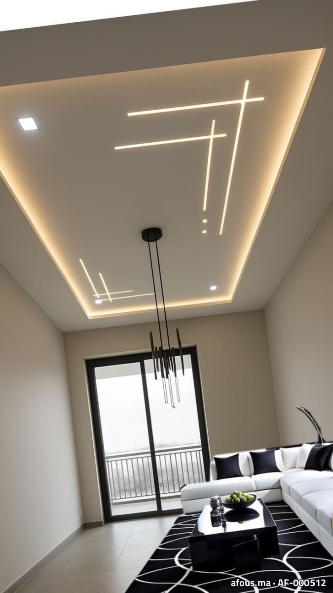 Séjour à faux plafond à lignes LED croisées et suspension — Casablanca