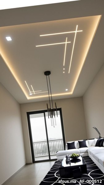 Séjour à faux plafond à lignes LED croisées et suspension