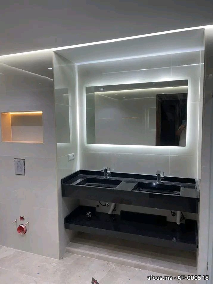 Plan double vasque en marbre noir rétro-éclairé et miroir LED — Casablanca