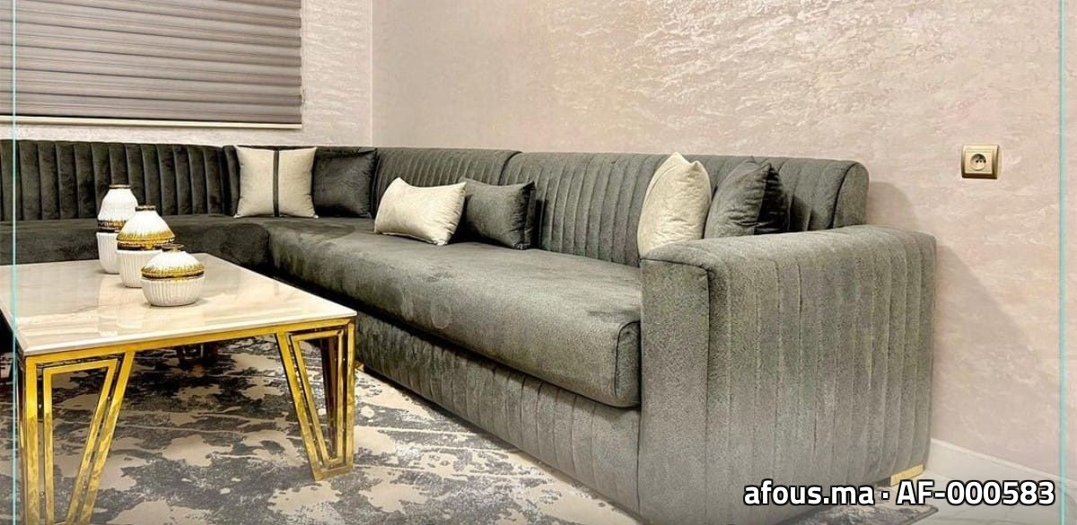 Canapé d'angle en velours gris à dossier nervuré — Tanger