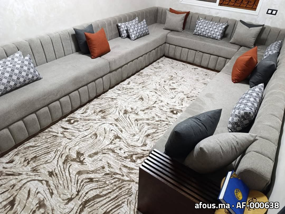 Salon marocain en U en velours gris cannelé — Casablanca