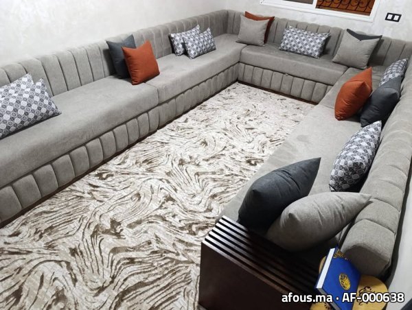 Salon marocain en U en velours gris cannelé — Casablanca