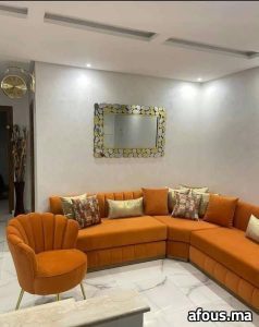 Salon d'angle en velours orange à fauteuil coquille — Casablanca