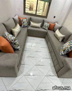 Salon marocain en U en velours gris à gigognes — Casablanca