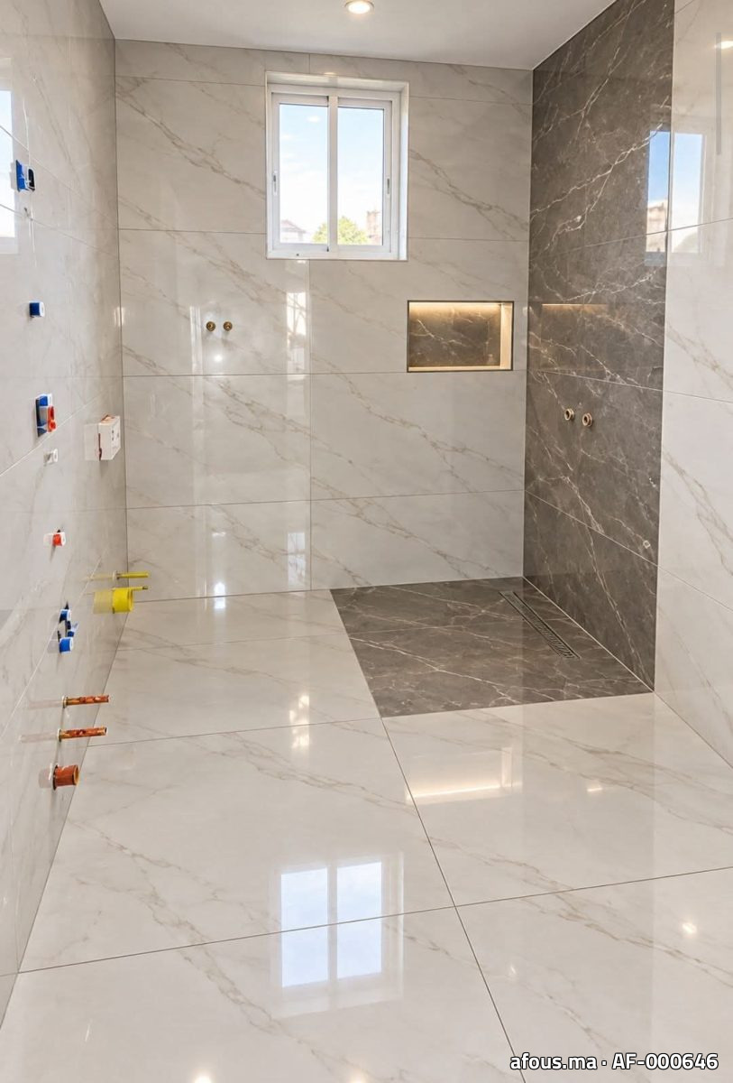 Salle de bain effet marbre blanc et gris à niche — El Jadida